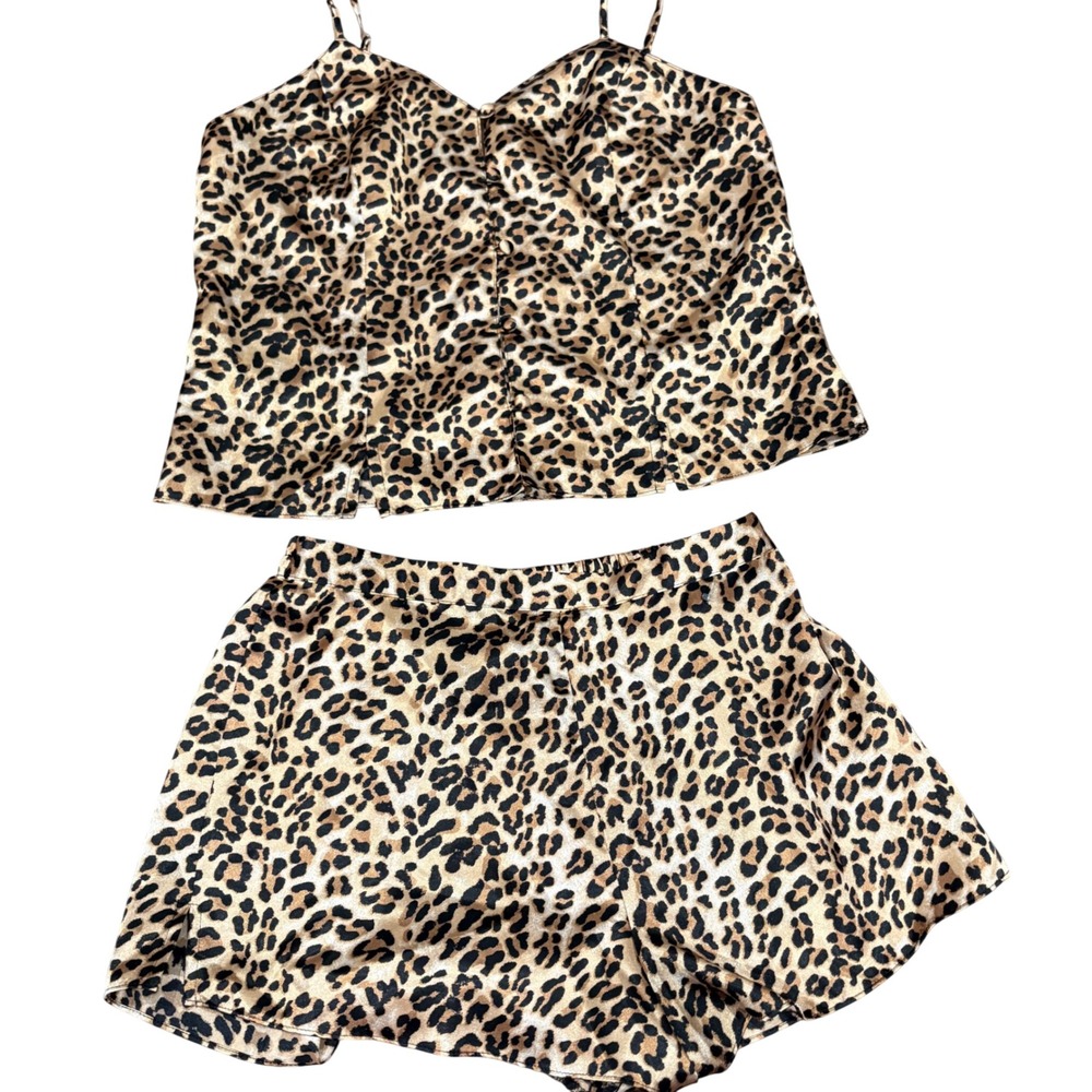 Vintage Indie Sleaze Coquette Leopard Satin Pajama Short Set S Cami Loungewear